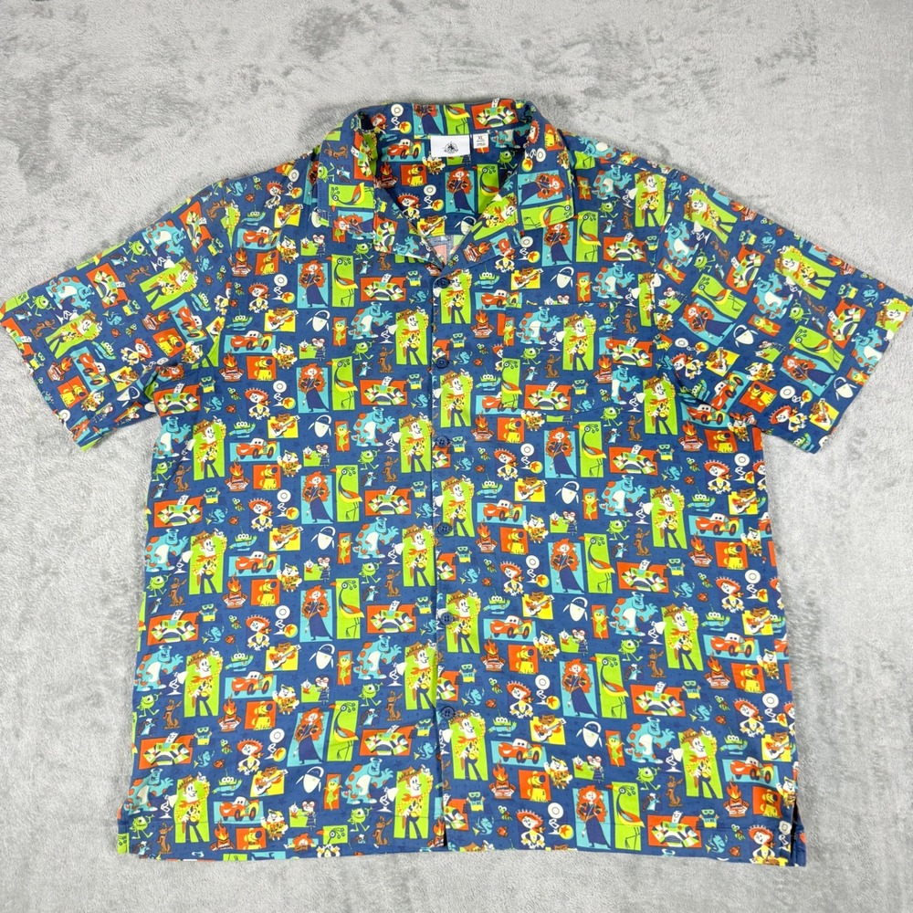 Disney Parks Mens XL Pixar Button Down Shirt Toy Story Monsters Inc Cars Blue